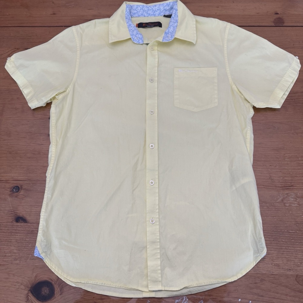 Ben Sherman Men's Large Button Up Yellow Blue White‎ Floral Shirt 100% Cotton